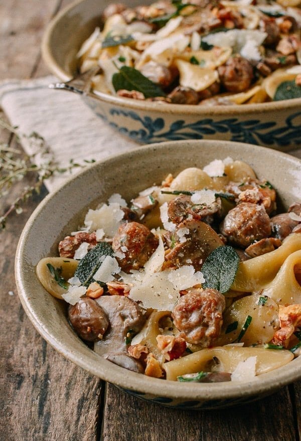 Winter Pasta with Mushrooms, Sausage Meatballs, Walnuts & Crispy Sage, by thewoksoflife.com