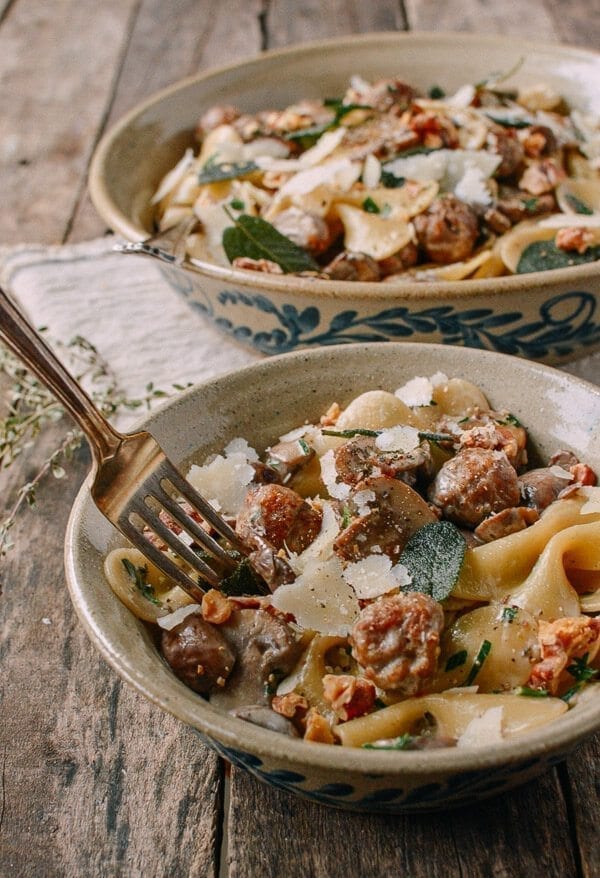 Winter Pasta with Mushrooms, Sausage Meatballs, Walnuts & Crispy Sage, by thewoksoflife.com