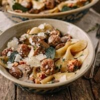 Winter pasta with sausage meatballs, sage, and parmesan