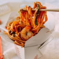 Shrimp lo mein in takeout container