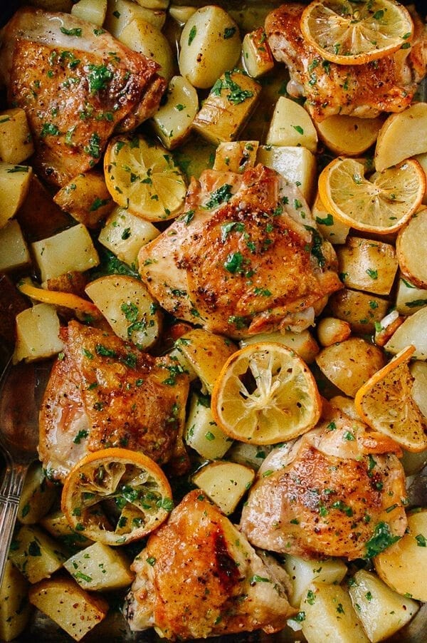 Roasted Lemon Chicken Thighs with Potatoes, by thewoksoflife.com
