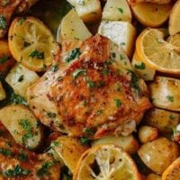 Roasted Lemon Chicken Thighs with Potatoes, by thewoksoflife.com