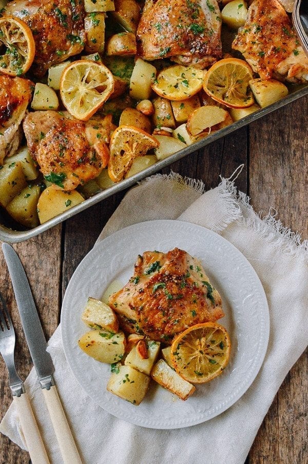 Roasted Lemon Chicken Thighs with Potatoes, by thewoksoflife.com