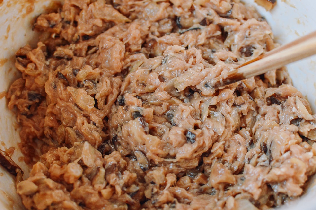 chicken mushroom dumpling filling mixed into a paste-like consistency