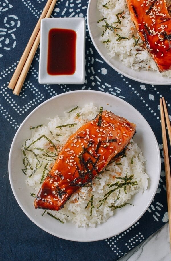 Salmon Teriyaki Bowls, by thewoksoflife.com