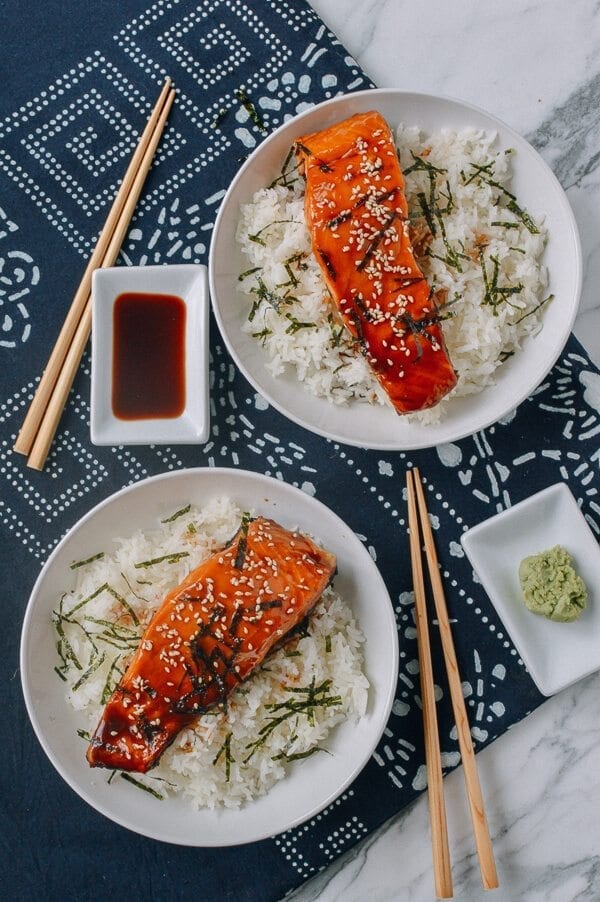 Salmon Teriyaki Bowls, by thewoksoflife.com