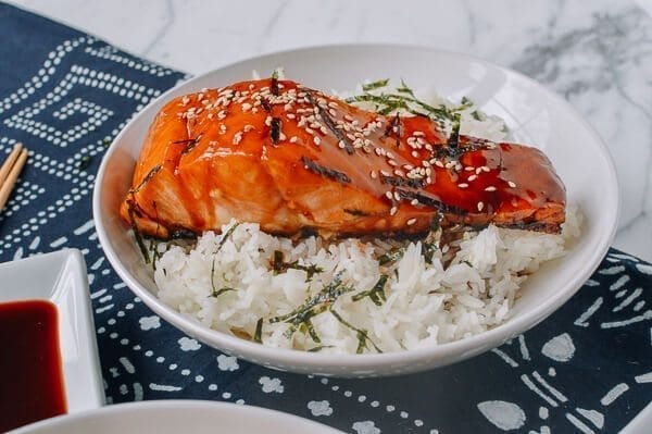 Salmon Teriyaki Bowls, by thewoksoflife.com