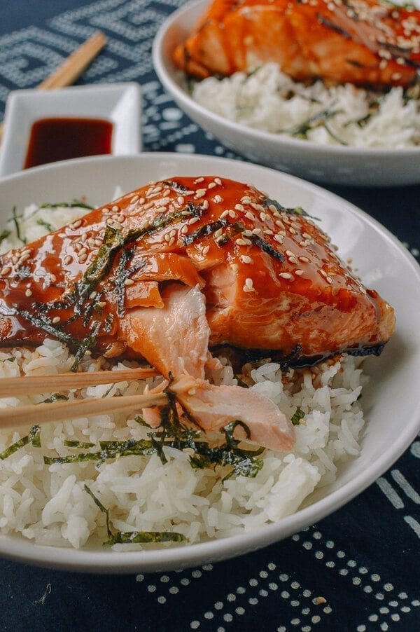 Salmon Teriyaki Bowls, by thewoksoflife.com