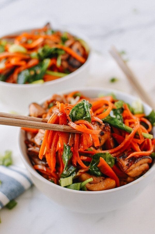 Stir-fried Carrot Noodles with Chicken, by thewoksoflife.com