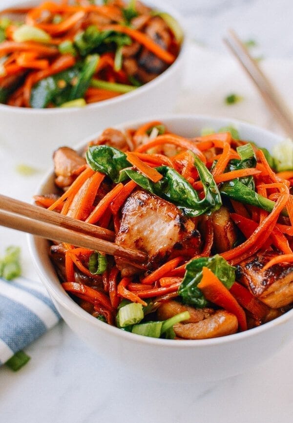 Stir-fried Carrot Noodles with Chicken, by thewoksoflife.com