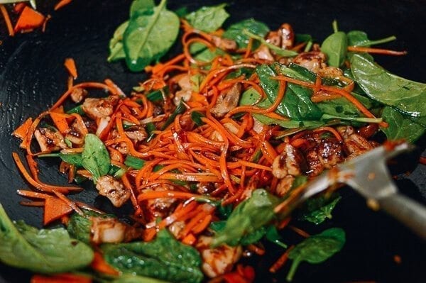 Stir-fried Carrot Noodles with Chicken, by thewoksoflife.com