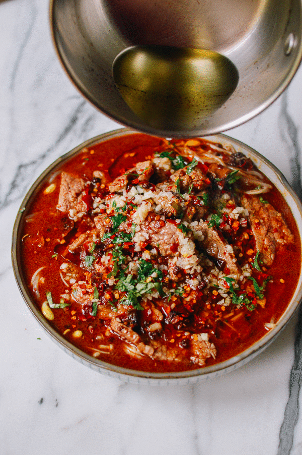 Sichuan Boiled Beef (Shuizhu Niurou), by thewoksoflife.com