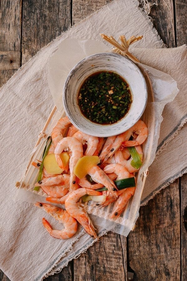 Chinese Boiled Shrimp with Ginger Scallion Dipping Sauce, by thewoksoflife.com