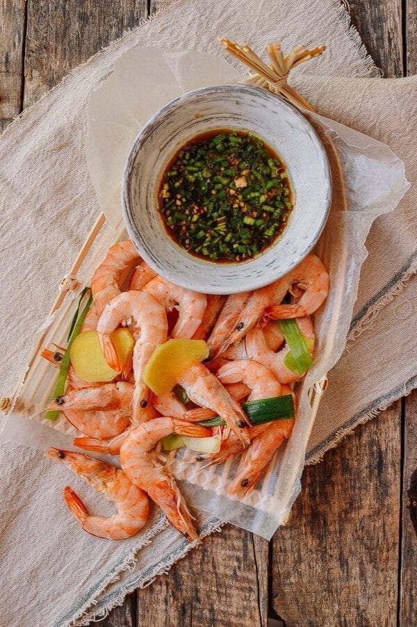 Chinese Boiled Shrimp with Ginger Scallion Dipping Sauce, by thewoksoflife.com