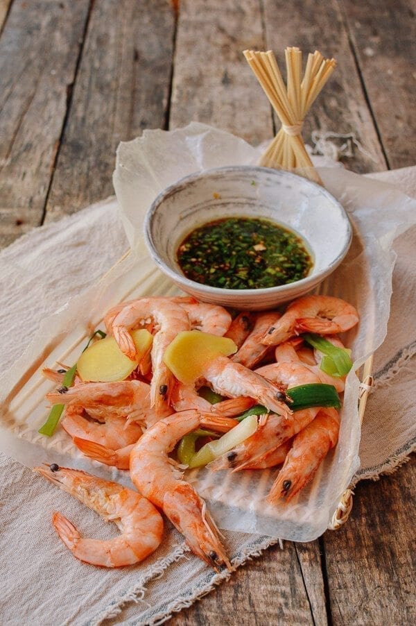 Chinese Boiled Shrimp with Ginger Scallion Dipping Sauce, by thewoksoflife.com