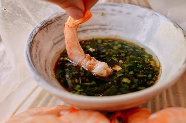 Chinese Boiled Shrimp with Ginger Scallion Dipping Sauce, by thewoksoflife.com