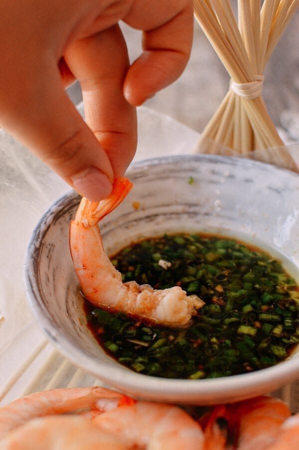 Chinese Boiled Shrimp with Ginger Scallion Dipping Sauce, by thewoksoflife.com