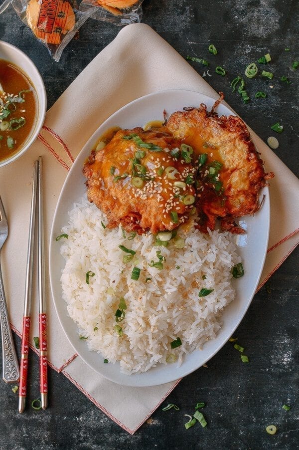 Chicken Egg Foo Young Rice Plate, thewoksoflife.com