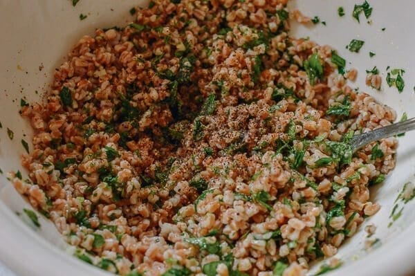 Farro Salad with Grilled Turkey, Lemon, Herbs & Feta, by thewoksoflife.com