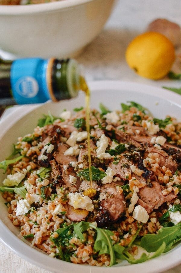 Farro Salad with Grilled Turkey, Lemon, Herbs & Feta, by thewoksoflife.com