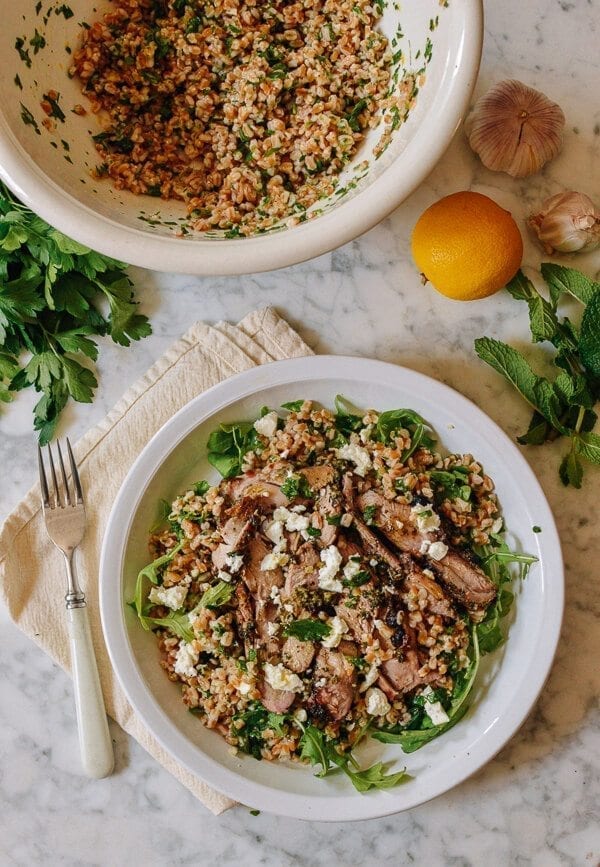 Farro Salad with Grilled Turkey, Lemon, Herbs & Feta, by thewoksoflife.com