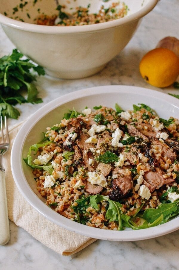 Farro Salad with Grilled Turkey, Lemon, Herbs & Feta