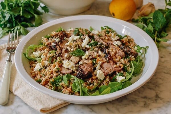 Farro Salad with Grilled Turkey, Lemon, Herbs & Feta, by thewoksoflife.com