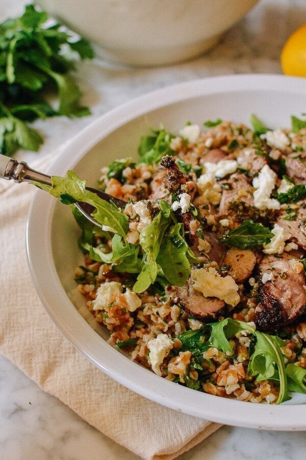 Farro Salad with Grilled Turkey, Lemon, Herbs & Feta, by thewoksoflife.com