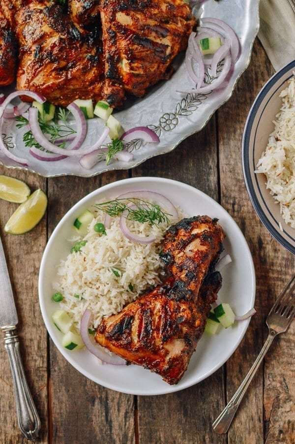 Grilled Tandoori Chicken with Indian-Style Rice, by thewoksoflife.com