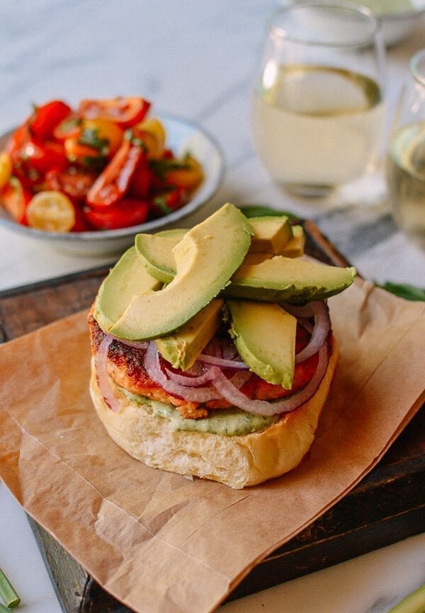 Green Goddess Salmon Burgers, by thewoksoflife.com