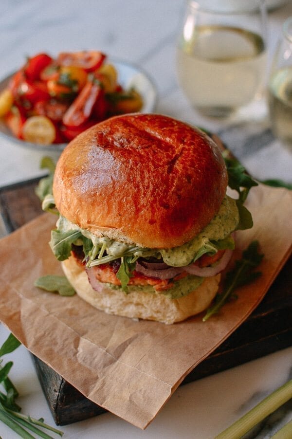 Green Goddess Salmon Burgers, by thewoksoflife.com