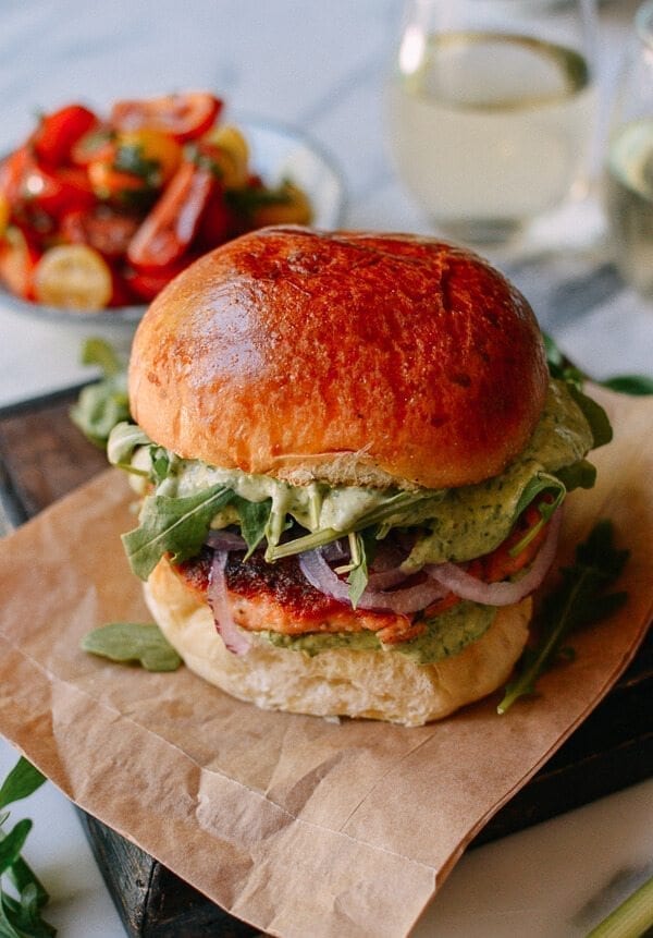 Green Goddess Salmon Burgers, by thewoksoflife.com