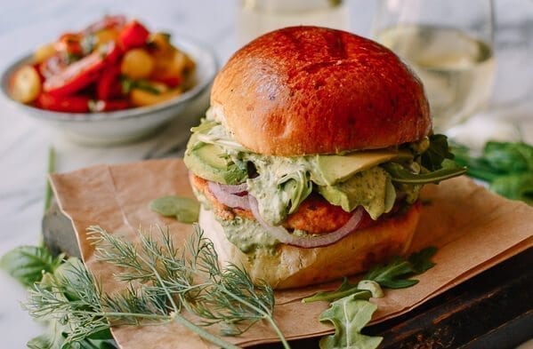 Green Goddess Salmon Burgers, by thewoksoflife.com