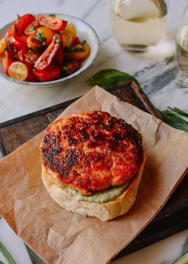 Green Goddess Salmon Burgers, by thewoksoflife.com