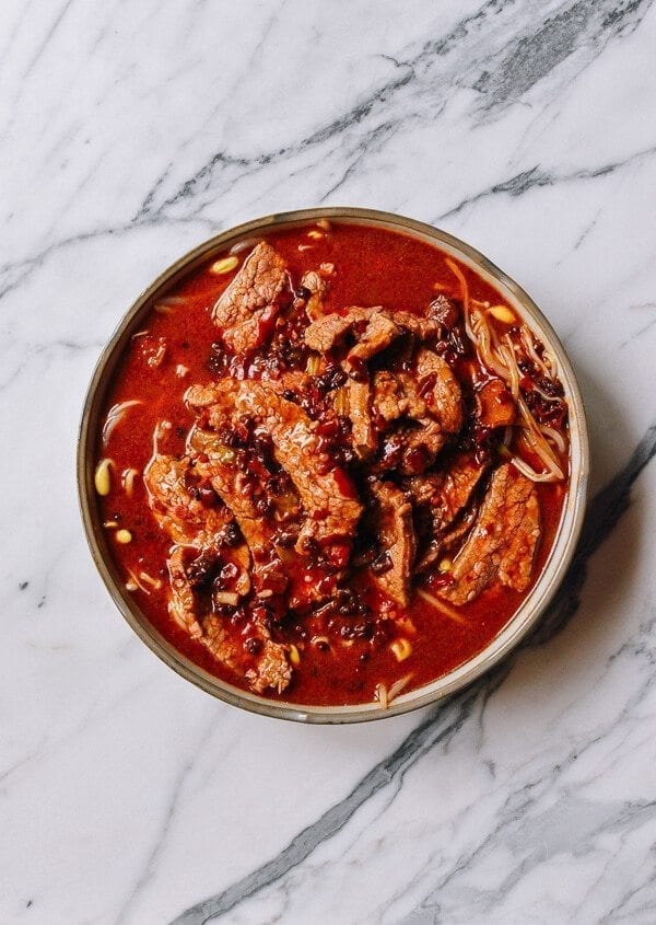Sichuan Boiled Beef (Shuizhu Niurou), by thewoksoflife.com