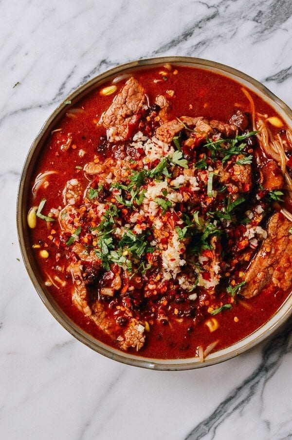 Sichuan Boiled Beef (Shuizhu Niurou), by thewoksoflife.com