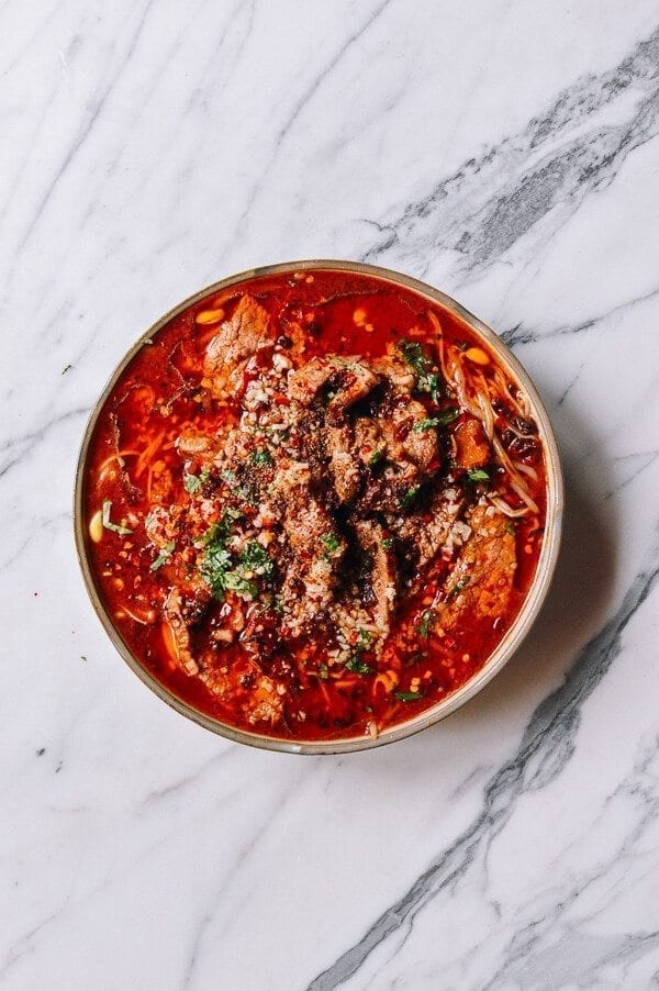 Sichuan Boiled Beef (Shuizhu Niurou), by thewoksoflife.com