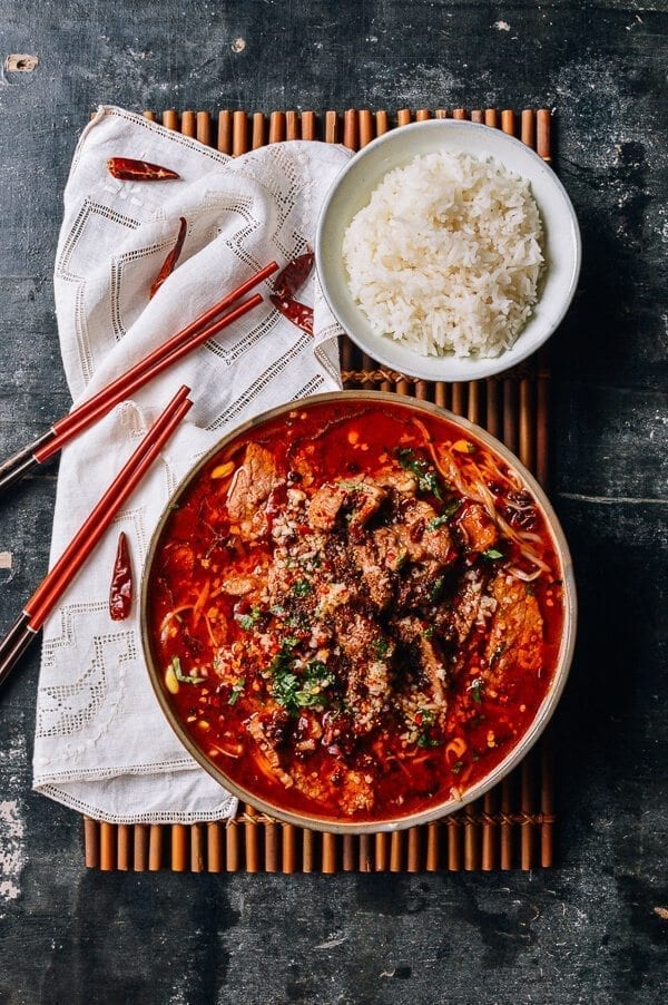 Sichuan Boiled Beef (Shuizhu Niurou), by thewoksoflife.com