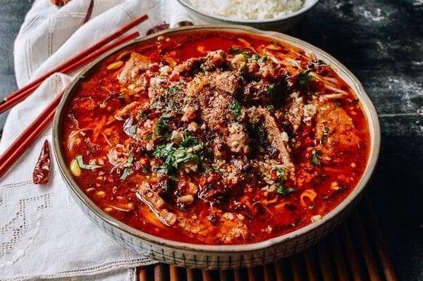 Sichuan Boiled Beef (Shuizhu Niurou), by thewoksoflife.com