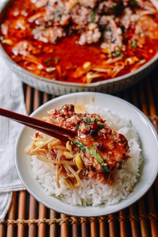 Sichuan Boiled Beef (Shuizhu Niurou), by thewoksoflife.com