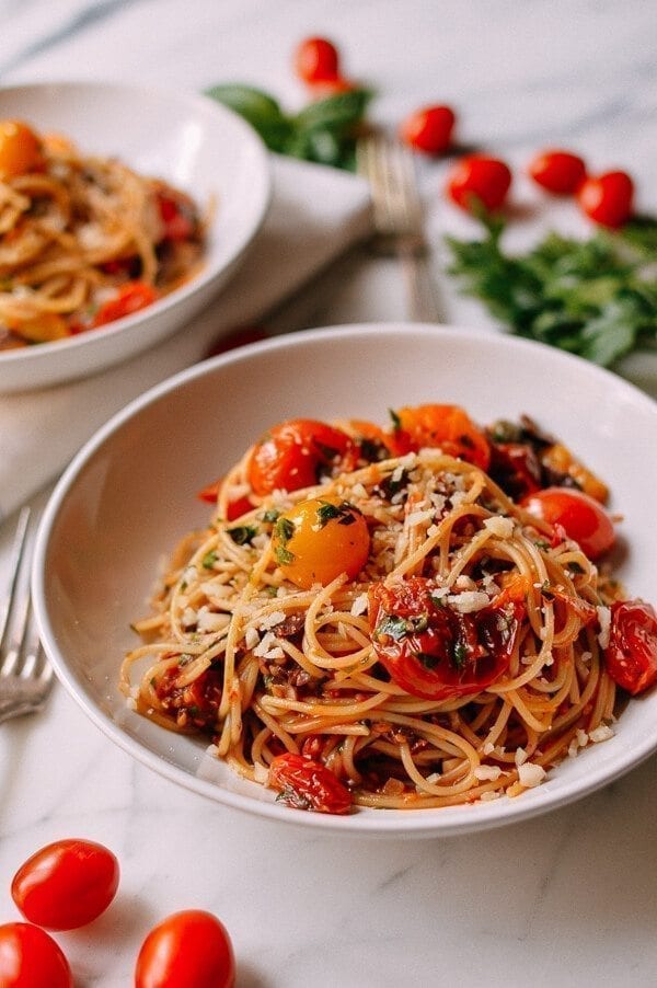 Roasted Cherry Tomato Pasta Puttanesca, by thewoksoflife.com