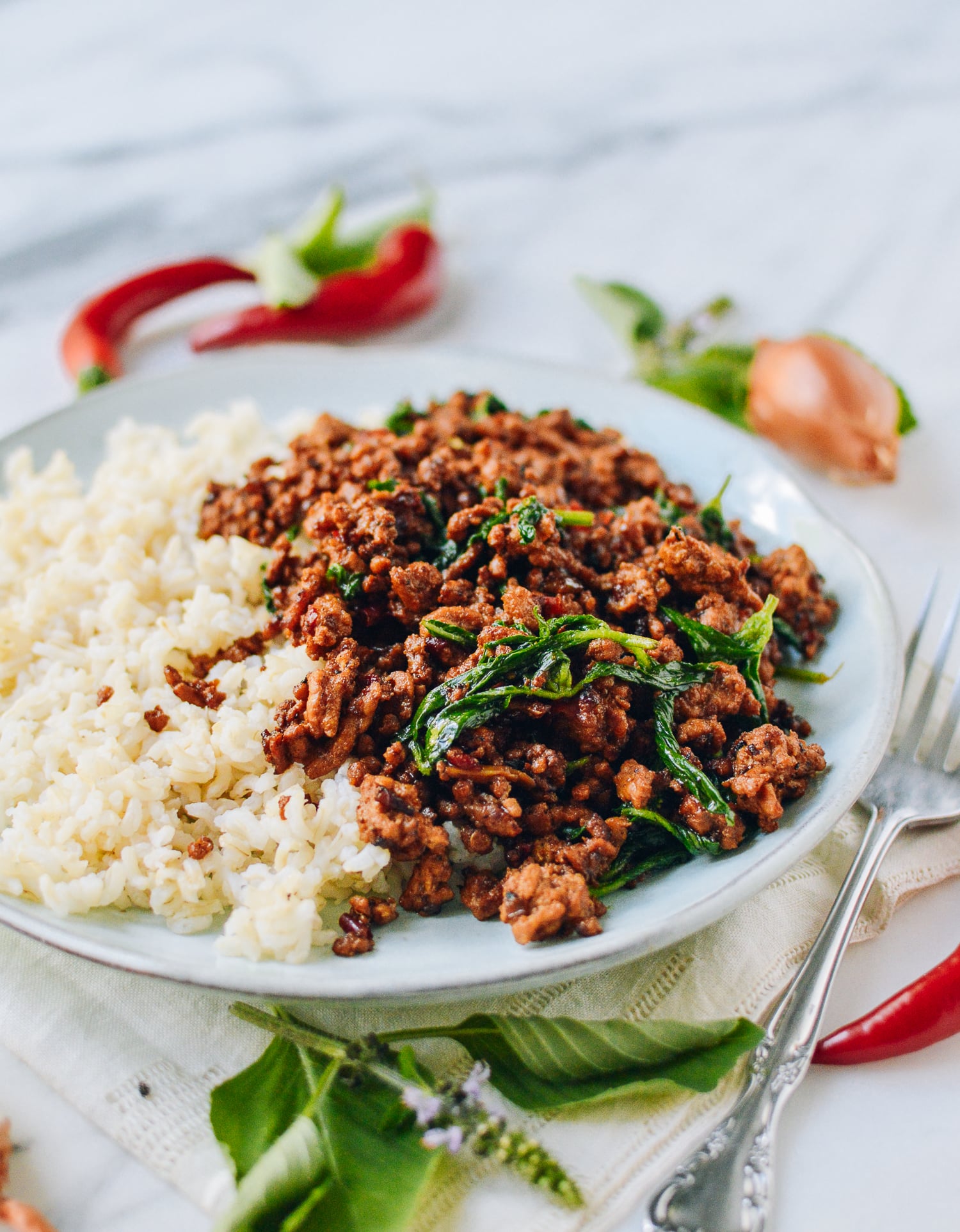 Pork and Holy Basil Stir-fry (Pad Kra Pao), by thewoksoflife.com