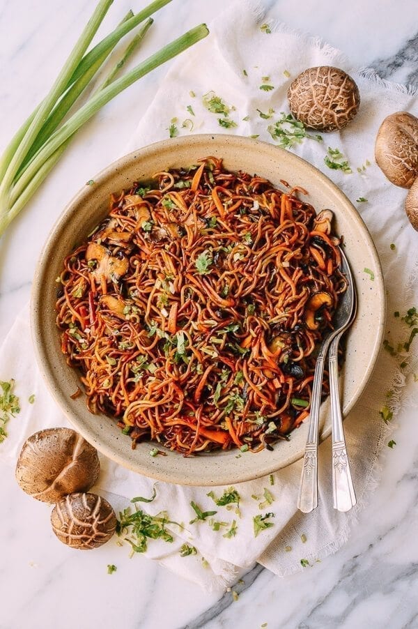 Caramelized Soy Sauce Noodles with Sweet Potato & Mushrooms, by thewoksoflife.com
