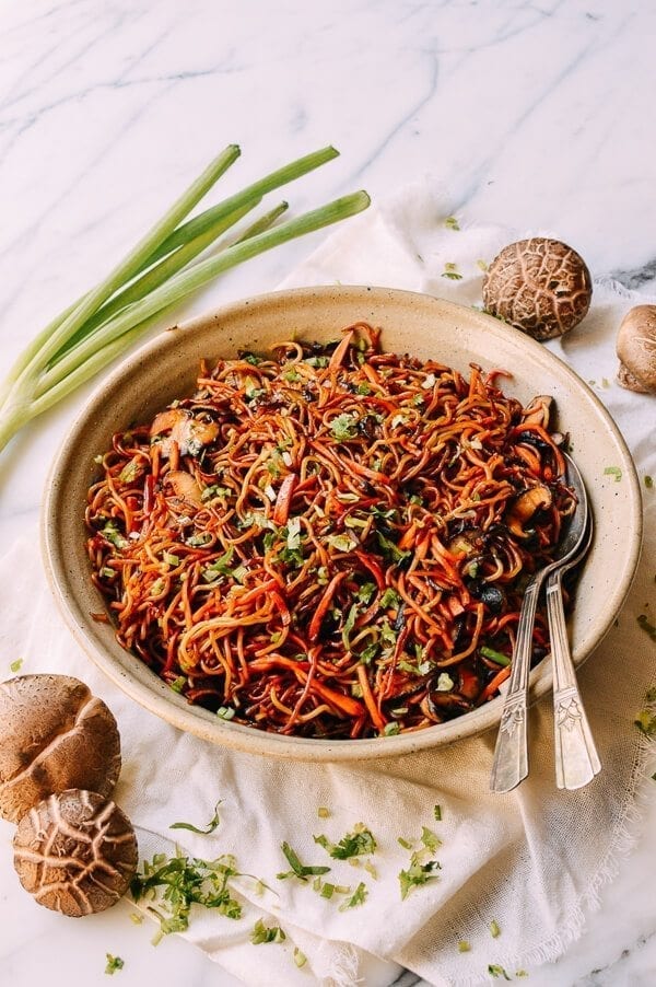 Caramelized Soy Sauce Noodles with Sweet Potato & Mushrooms, by thewoksoflife.com