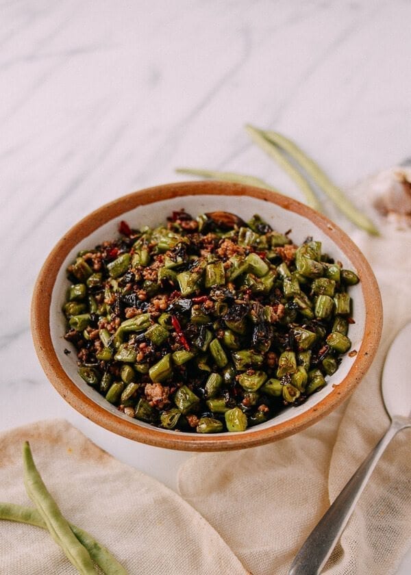 Stir-Fried Green Beans with Pork and Chinese Olive Vegetable, by thewoksoflife.com
