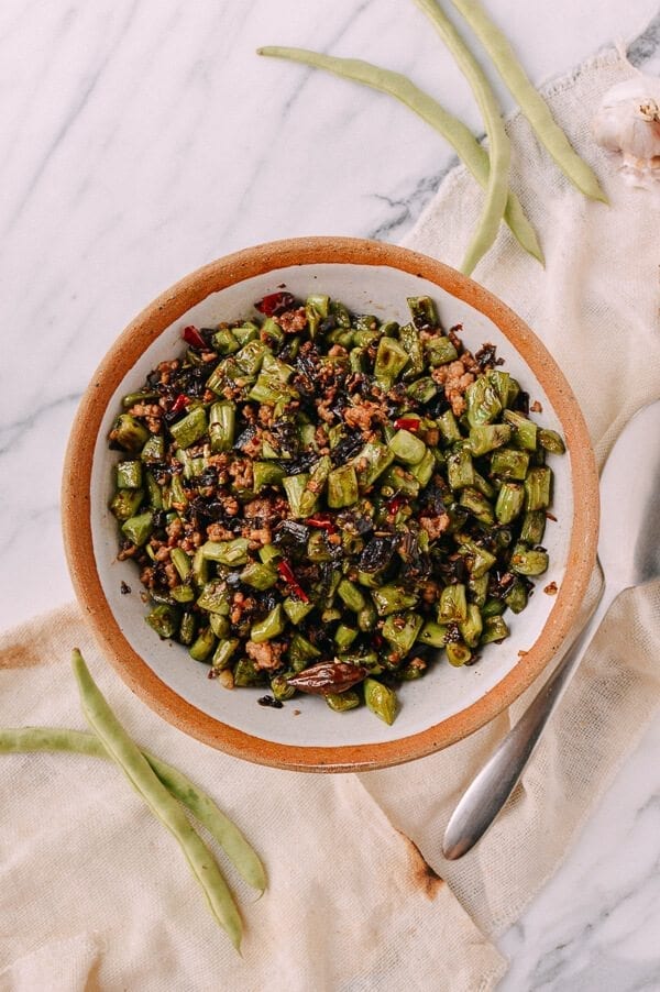 Stir-Fried Green Beans with Pork and Chinese Olive Vegetable, by thewoksoflife.com