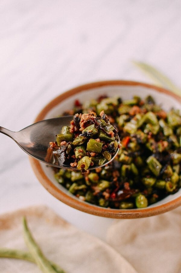 Stir-Fried Green Beans with Pork and Chinese Olive Vegetable, by thewoksoflife.com