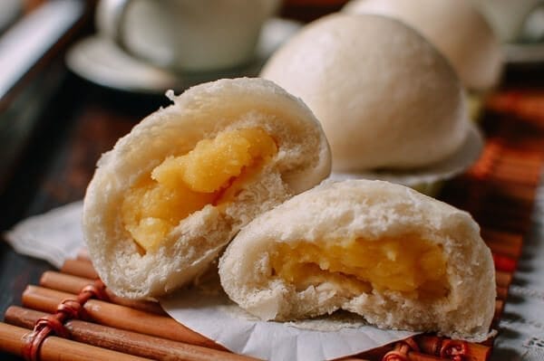 opened Cantonese Steamed Custard Buns (Nai Wong Bao), by thewoksoflife.com