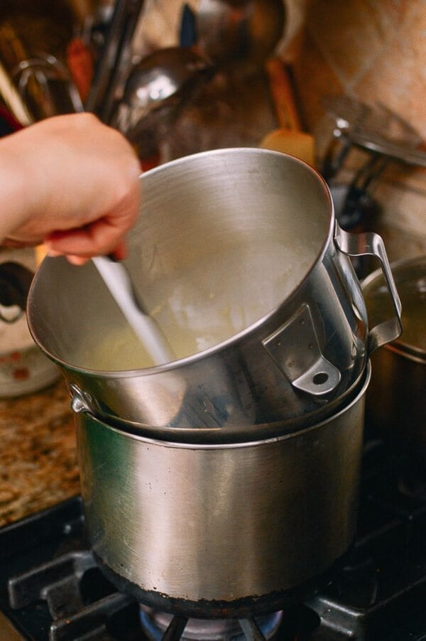 double boiler setup for Cantonese Steamed Custard Buns, by thewoksoflife.com