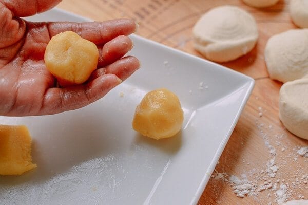 filling balls for Cantonese Steamed Custard Buns (Nai Wong Bao), by thewoksoflife.com